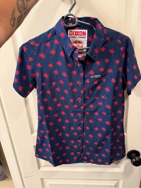 Lightweight Dixxon Flannel Co. Navy Button-Up with Red Palm Print